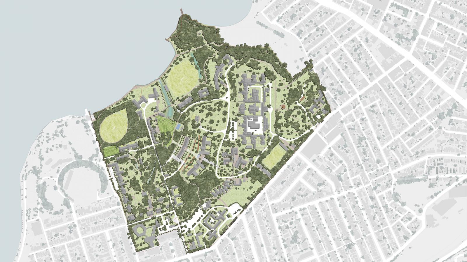 Aerial view of a meticulously landscaped campus with various buildings, pathways, and green spaces surrounded by roads and residential areas. The campus master plan showcases a body of water at the upper left corner, with trees and vegetation scattered throughout the area reminiscent of Callan Park's serene environment.