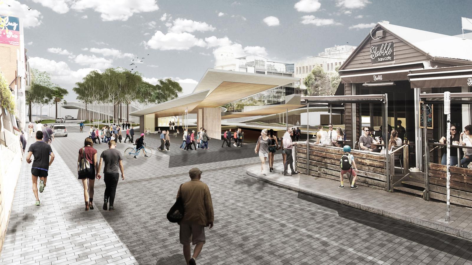 An architectural rendering shows a plaza with people walking, dining, and cycling. Modern structures with large overhangs stand in the center, flanked by a traditional building on Cato St to the right. Trees and a cloudy sky are in the background, creating a vibrant urban scene near the car park.