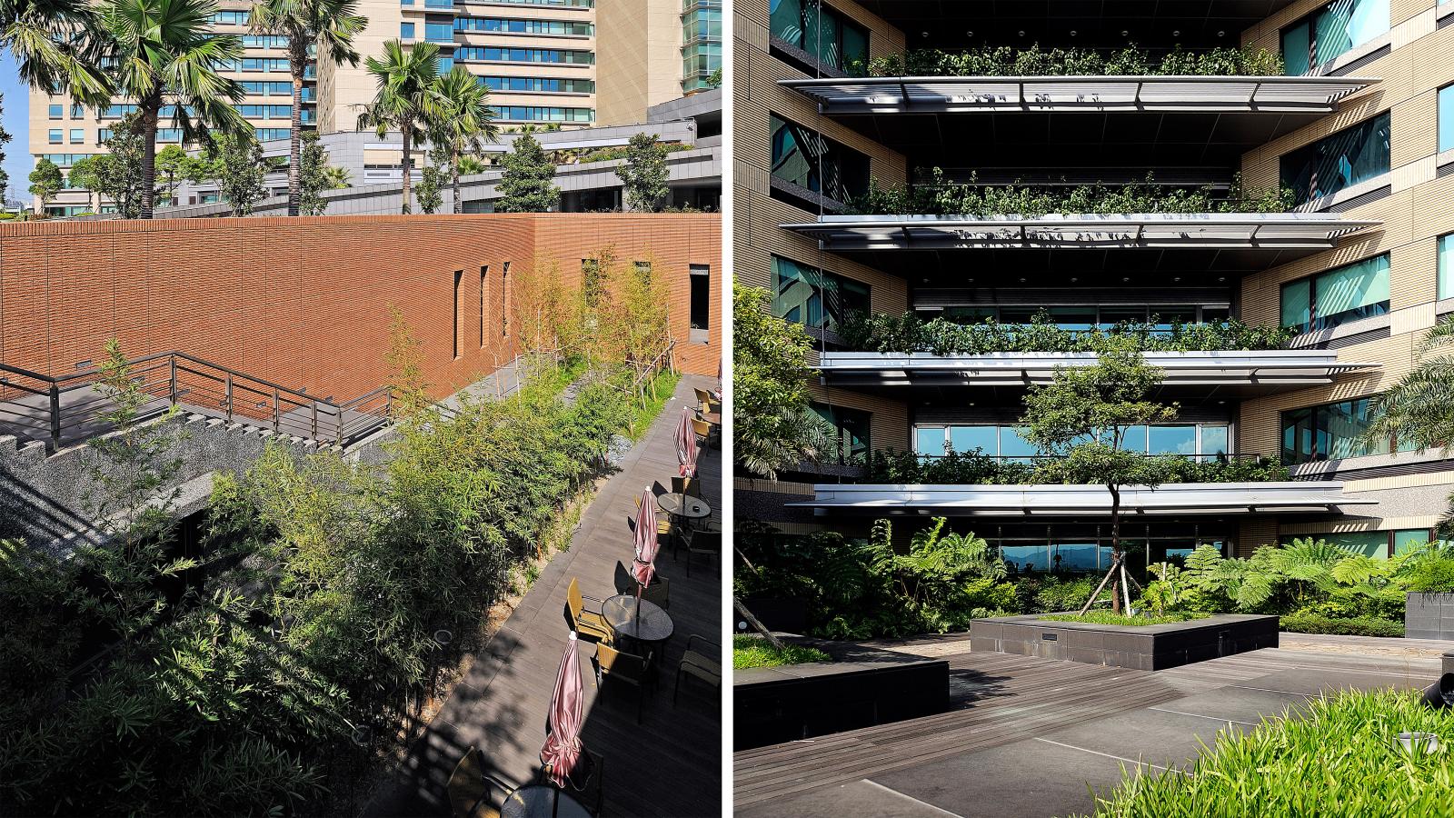 Two side-by-side images of an urban building complex with lush greenery. The left side shows a rooftop garden with a brick wall and outdoor furniture, lined with plants. The right side features Chang Gung Hospital's multi-story building, its balconies adorned with plants and surrounded by trees.