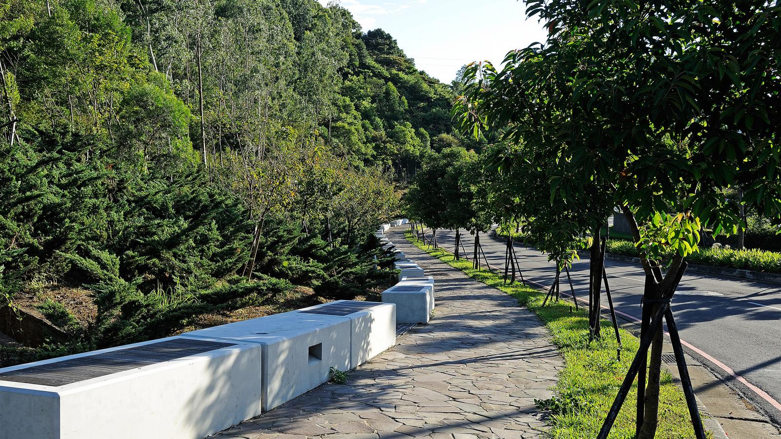 A sunlit path with a stone-paved sidewalk curves through a lush, green area with trees and bushes. Concrete benches line the pathway, providing seating. The serene scene is surrounded by dense vegetation, and there's a road adjacent to the sidewalk leading to Chang Gung Hospital.