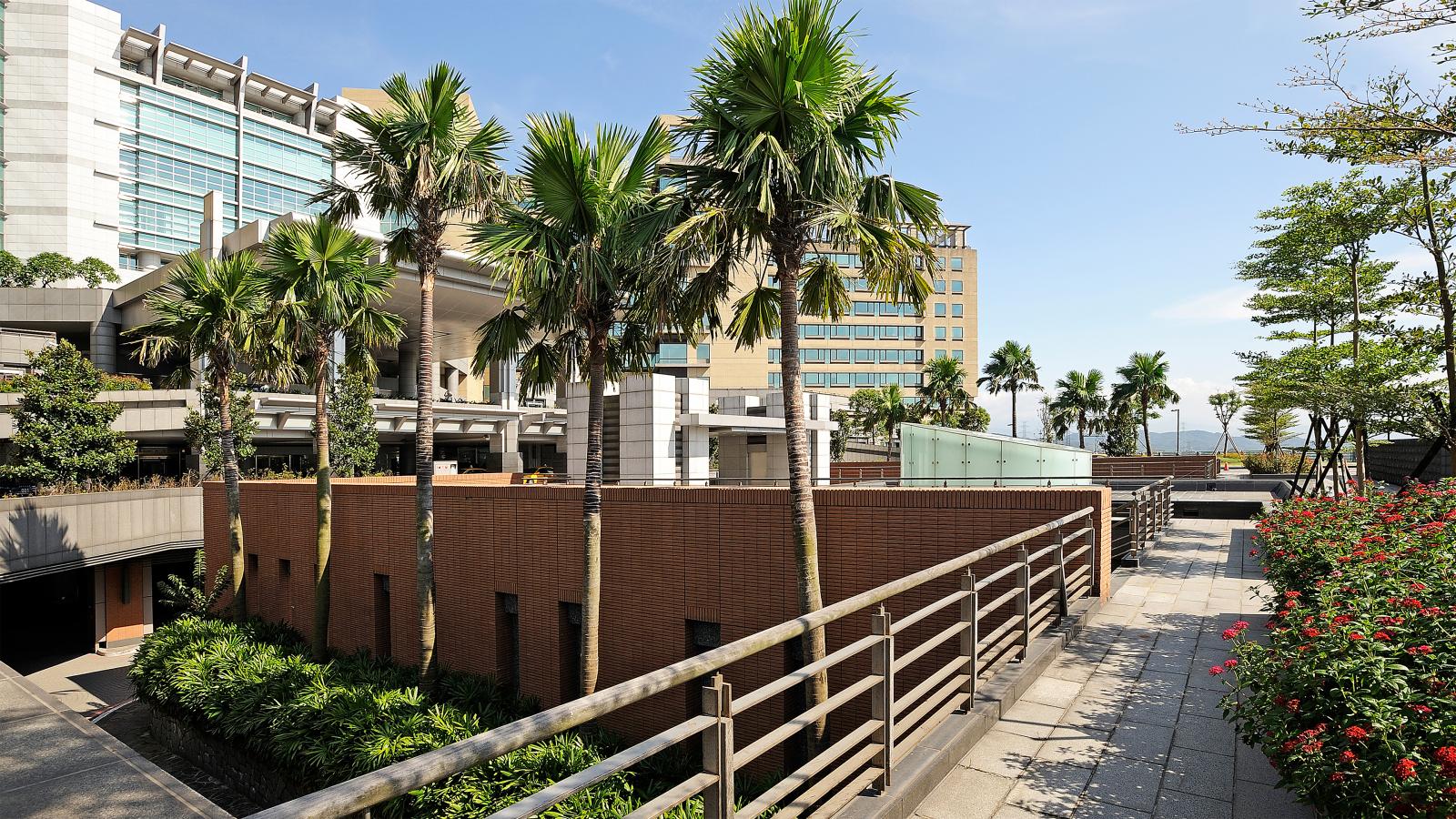 Modern building complex featuring a mix of high-rise and low-rise structures with palm trees lining the pathway, green landscaping, and a clear blue sky in the background. Steps and railings are visible along the stone-paved walkway near Chang Gung Hospital.