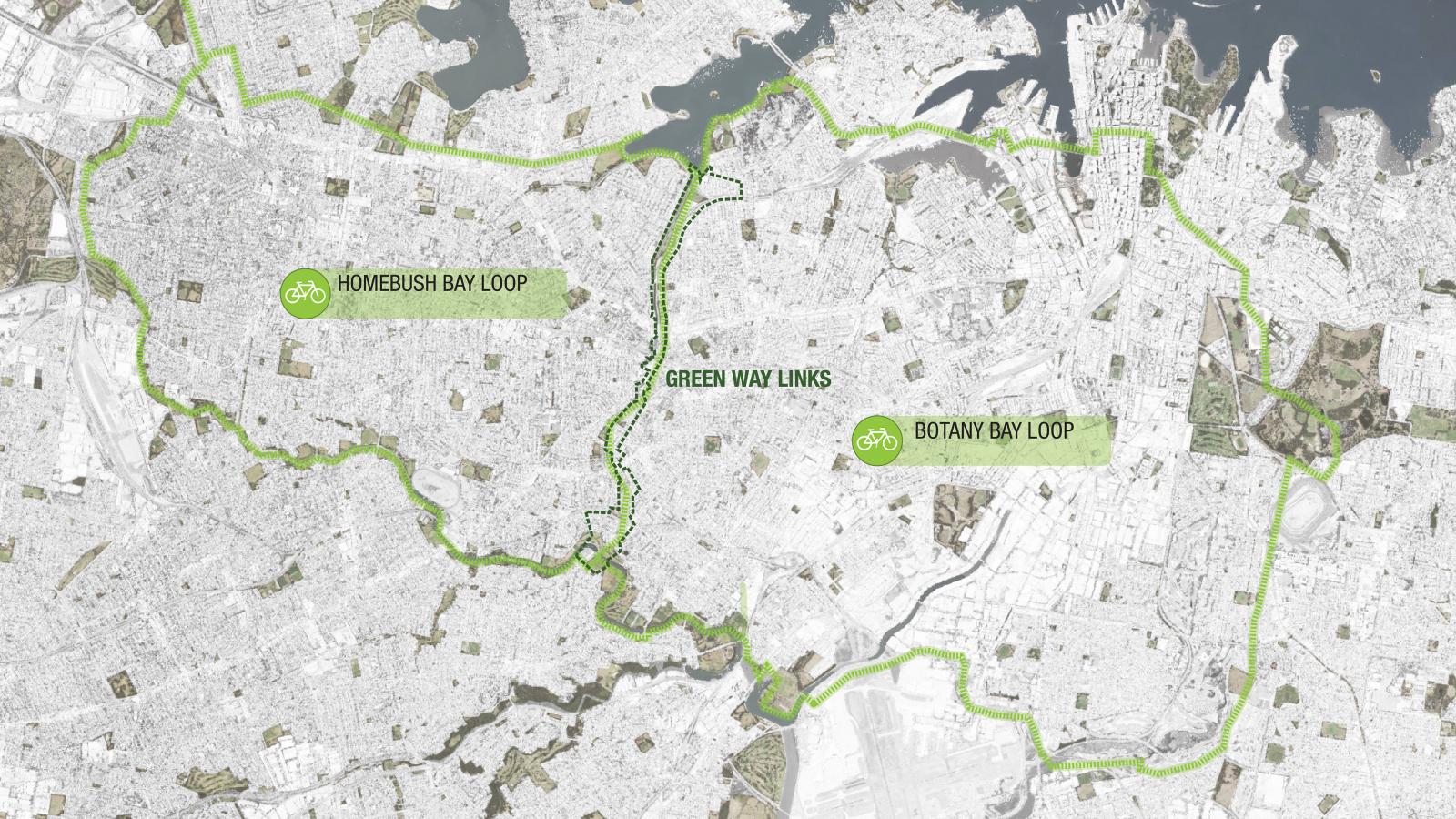 A detailed map shows two cycling routes in an urban area: the Homebush Bay Loop and the Botany Bay Loop. Both loops and their connecting paths, known as Green Way Links, are highlighted in green. The map includes surrounding bodies of water like the Cove and city infrastructure.