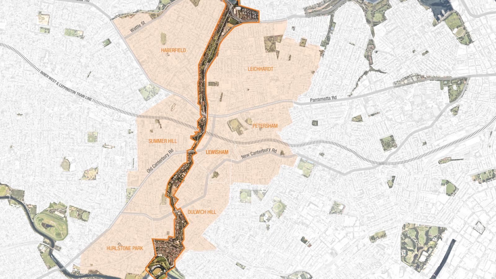 A map showing part of London, highlighting several neighborhoods in shades of tan. Notable areas marked include Harlesfield, Lednork, Summers Hill, Petrospark, Lewisham, Dulwich Hill, Lework, Hurlstone Park, and GreenWay. The map features roads, parks such as Cooks Cove Park and rivers.