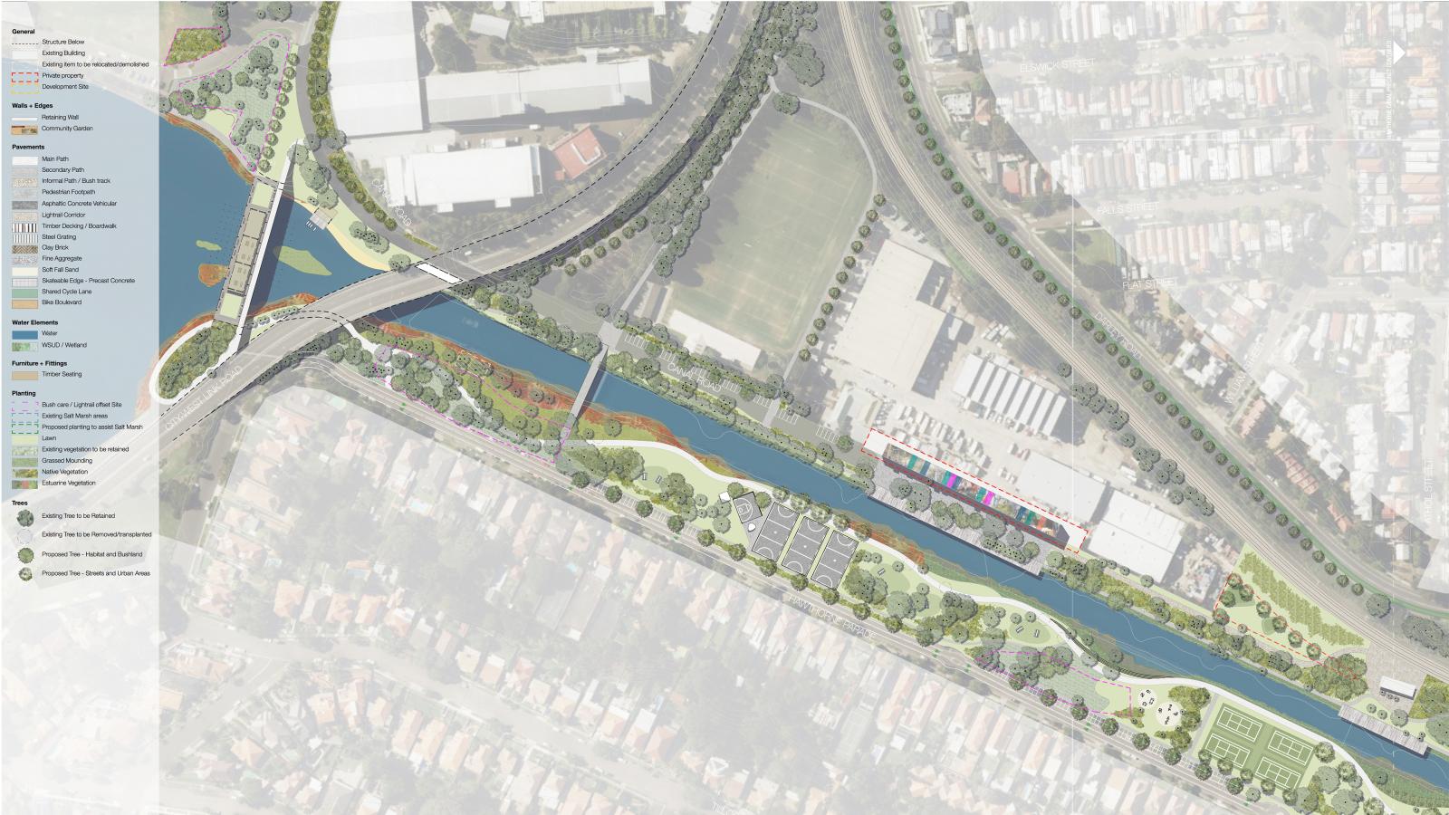 An overhead map showing a proposed urban park and river development. The image displays the GreenWay with greenery, paths, and pedestrian bridges along the river, adjacent buildings, and roads. Detailed legends depict various elements like trails, native vegetation, and amenities.