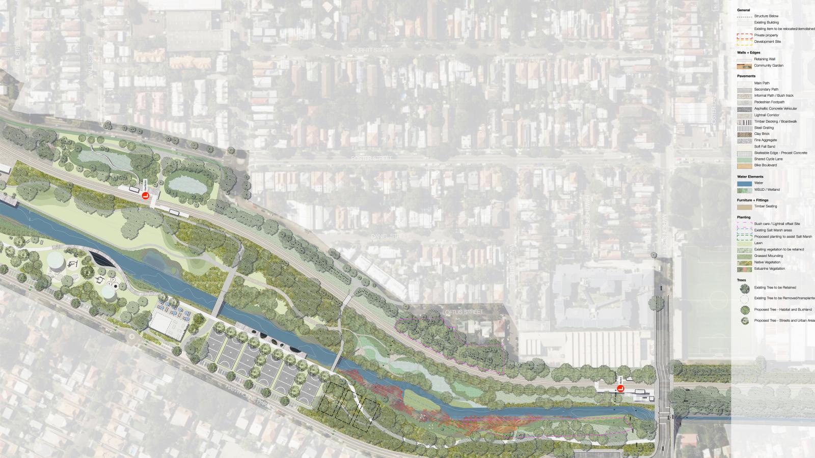 A detailed landscape plan depicting an urban river corridor with multiple ponds, green spaces, footpaths, parking areas, and dense tree planting. Residential areas are visible in the background. A legend on the right side indicates various design elements and features along the Cooks GreenWay.