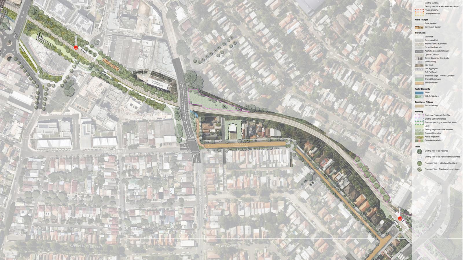 A detailed aerial map shows a proposed layout for the GreenWay urban rail corridor, featuring new green spaces, footpaths, and stations marked with icons. Surrounding residential and commercial areas, streets, and key landmarks like Cooks Cove are visible in the background.