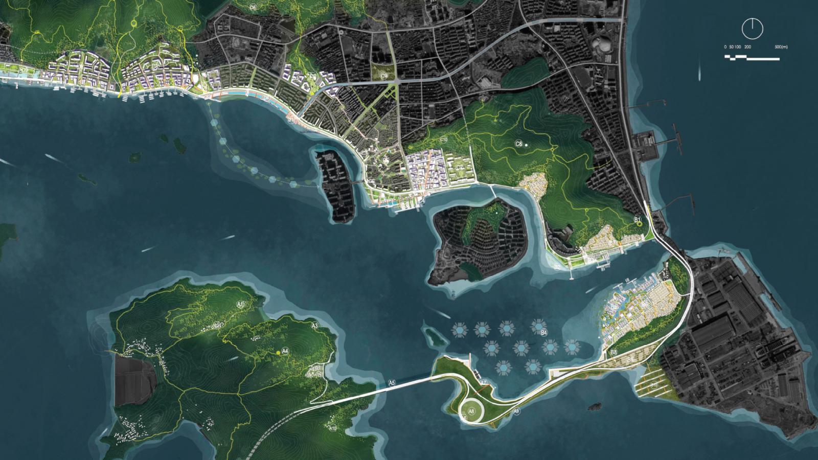 A detailed aerial map of Daishan Island in China reveals coastal areas with green spaces, urban developments, and a network of roads and waterways. Bridges connect landmasses, and various buildings are clustered along the coastline. The color-coded map highlights regions ideal for tourism with green, gray, and blue hues.