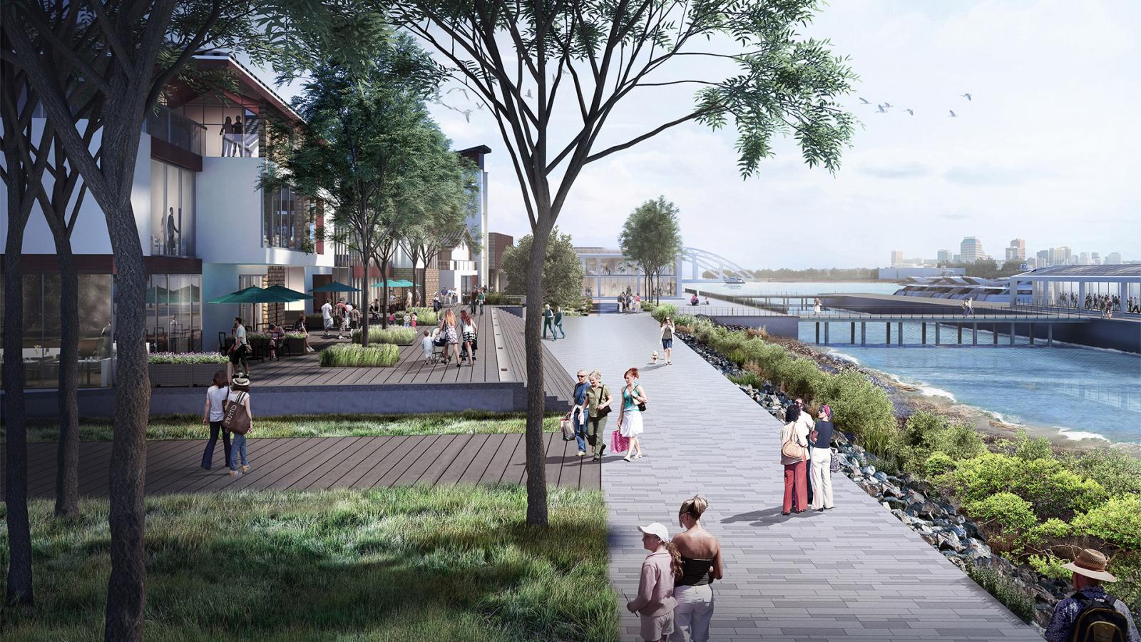 A waterfront promenade with people walking and relaxing. The path is lined with modern buildings, trees, and greenery. A serene river runs alongside, with a distant bridge and cityscape visible. The clear sky adds to the calm and inviting atmosphere reminiscent of Daishan Island's tranquility.