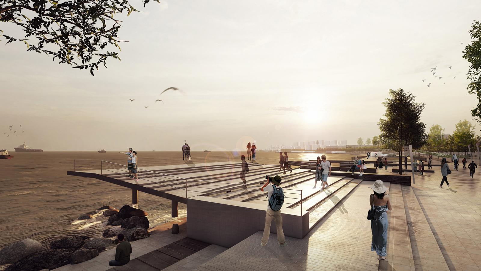 A scenic waterfront area at sunset on Daishan Island features a modern viewing platform extending over the water. People are walking, taking photos, and enjoying the view. Trees and benches line the paved promenade, and ships are visible in the distance on the calm sea.