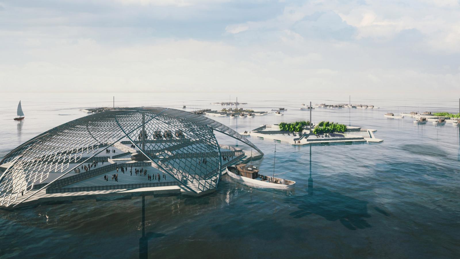 A futuristic floating structure on water with a large, open dome framework rises majestically near Daishan Island. People are gathered on the platforms beneath the dome. Nearby, boats and floating structures adorned with greenery add life to the serene scene, all set against the expansive, calm sea under a partly cloudy sky.