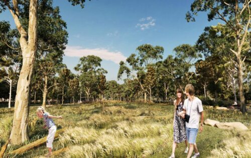 A sunlit park features mature trees and tall grass. In the foreground, a couple walks arm-in-arm along a path, while a child in the background joyfully balances on a fallen tree. The sky is clear with a few light clouds, embodying the serene beauty of Elsternwick Park Nature Reserve.