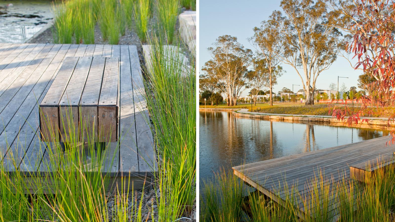 Two photos show a peaceful, grassy lakeside setting with wooden boardwalks and green plants at Fairwater Community Park. On the left, a close-up of a bench on the boardwalk surrounded by tall grass. On the right, a wider view of the lake, boardwalk, trees, and distant buildings.