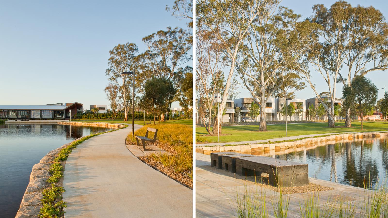 Split image of a serene scene at Fairwater Community Park. Left side: Curved concrete path beside a calm body of water, with a wooden bench and distant buildings at sunset. Right side: Tall trees and a grassy lawn by the water with modern buildings in the background.