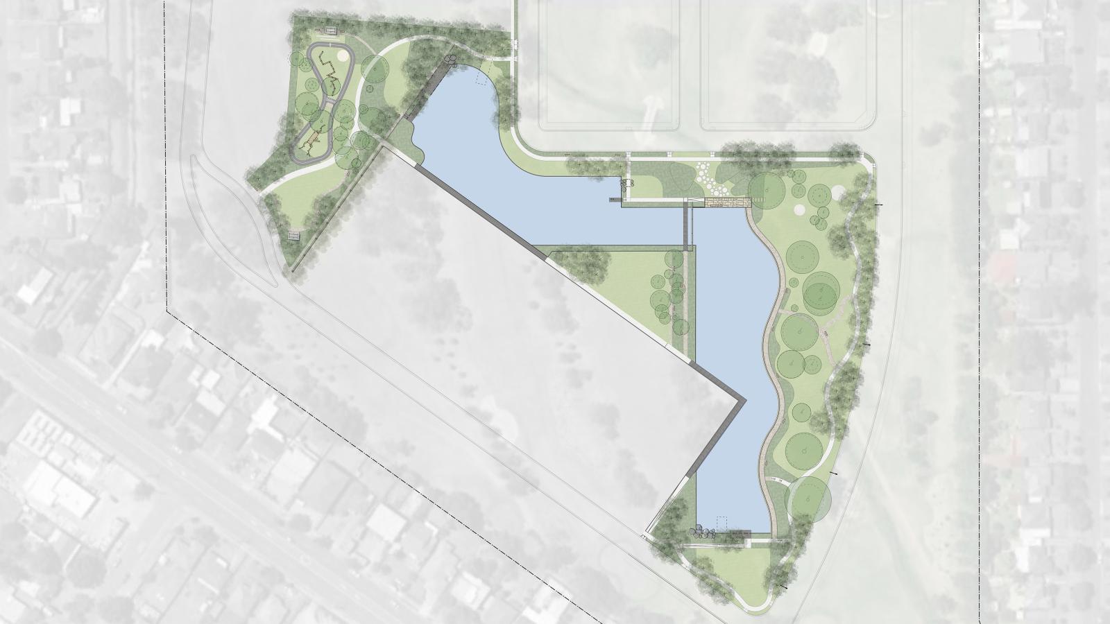 A detailed landscape plan showing Fairwater Community Park with winding paths, green spaces, trees, and a central body of water. Top left shows a dense cluster of paths within foliage. Top right highlights a bridge over the water. Residential areas surround the park perimeter.