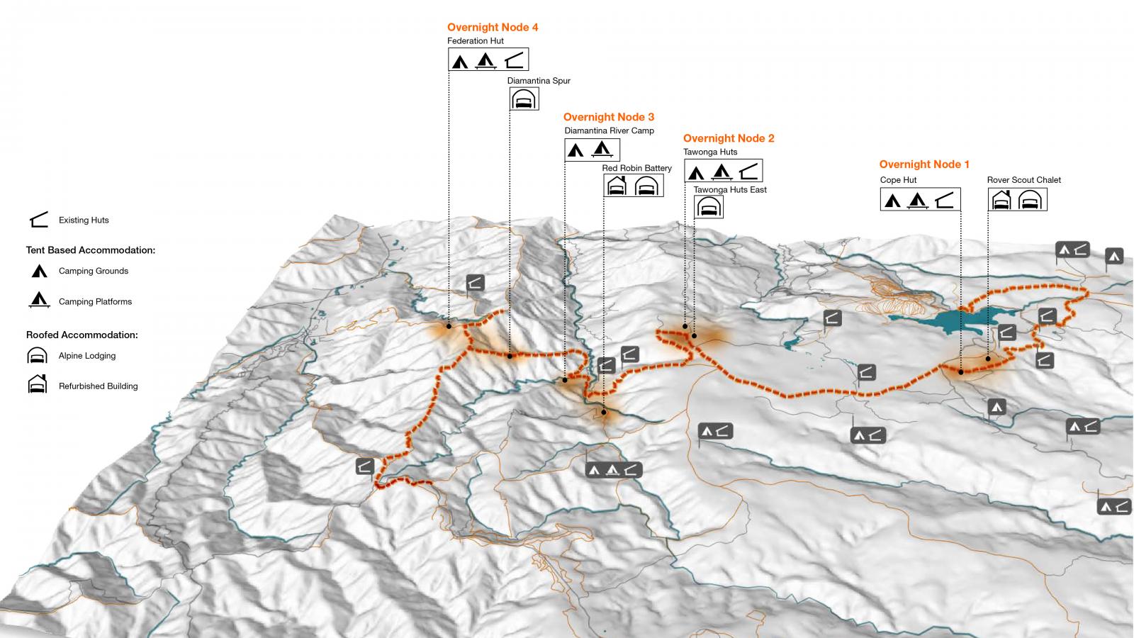 A topographic map of the Alpine Crossing hiking trail features orange-highlighted paths connecting several overnight nodes and points of interest. Various accommodations, including existing huts and camping platforms, are marked alongside the trail.