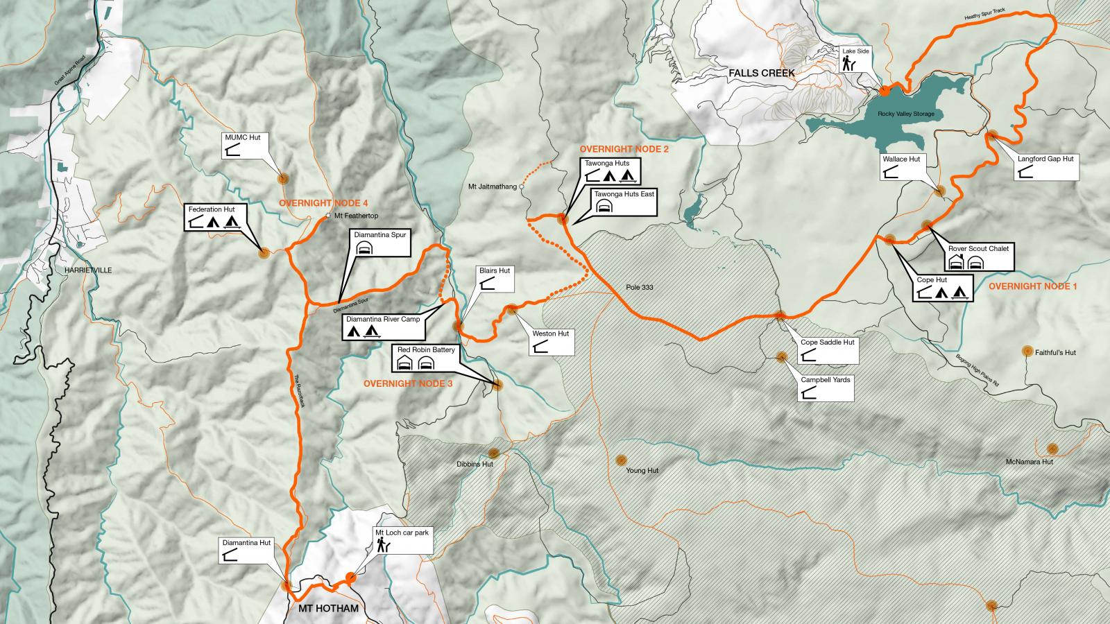 Topographic hiking map depicting multiple trails and overnight hikes in an alpine region. Icons indicate campsites, huts, and information points along the routes. The map highlights the Alpine Crossing from Mount Hotham to Falls Creek with detailed path connectivity.