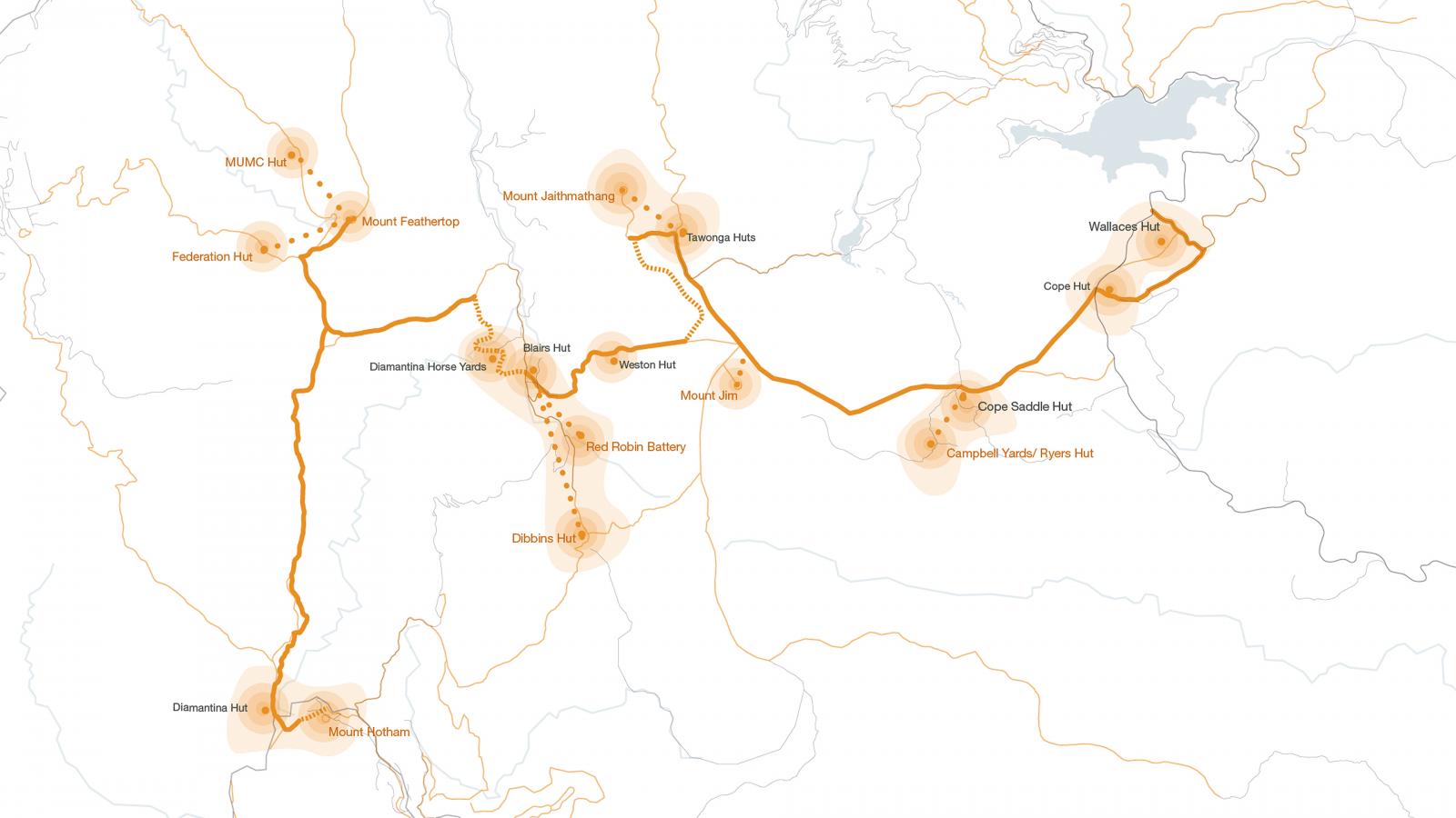 A detailed topographical map showcasing a network of interconnected trail routes in an alpine region. Key points such as mountains, huts, and valleys are marked with names, connected by highlighted trails like the renowned Falls to Hotham Alpine Crossing, indicative of trekking paths and significant waypoints.