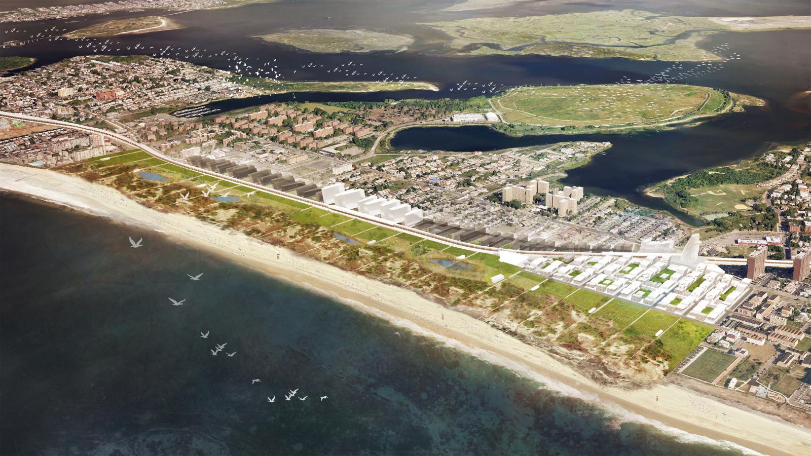 Aerial view of the Far Rockaways coastal urban area featuring beachfront, residential and commercial buildings, and greenery. Birds are flying over the water, and there are small islands and recreational areas visible in the background.