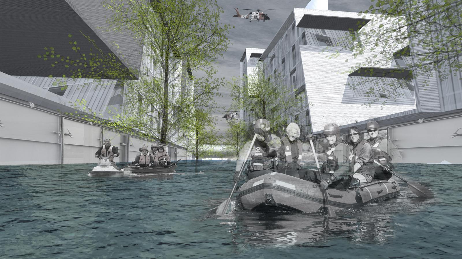 A group of people wearing helmets and safety gear navigate a flooded urban area in inflatable rescue boats near Far Rock. Modern buildings line the waterlogged street, with trees emerging from the water. A drone hovers in the sky above, surveying the scene.