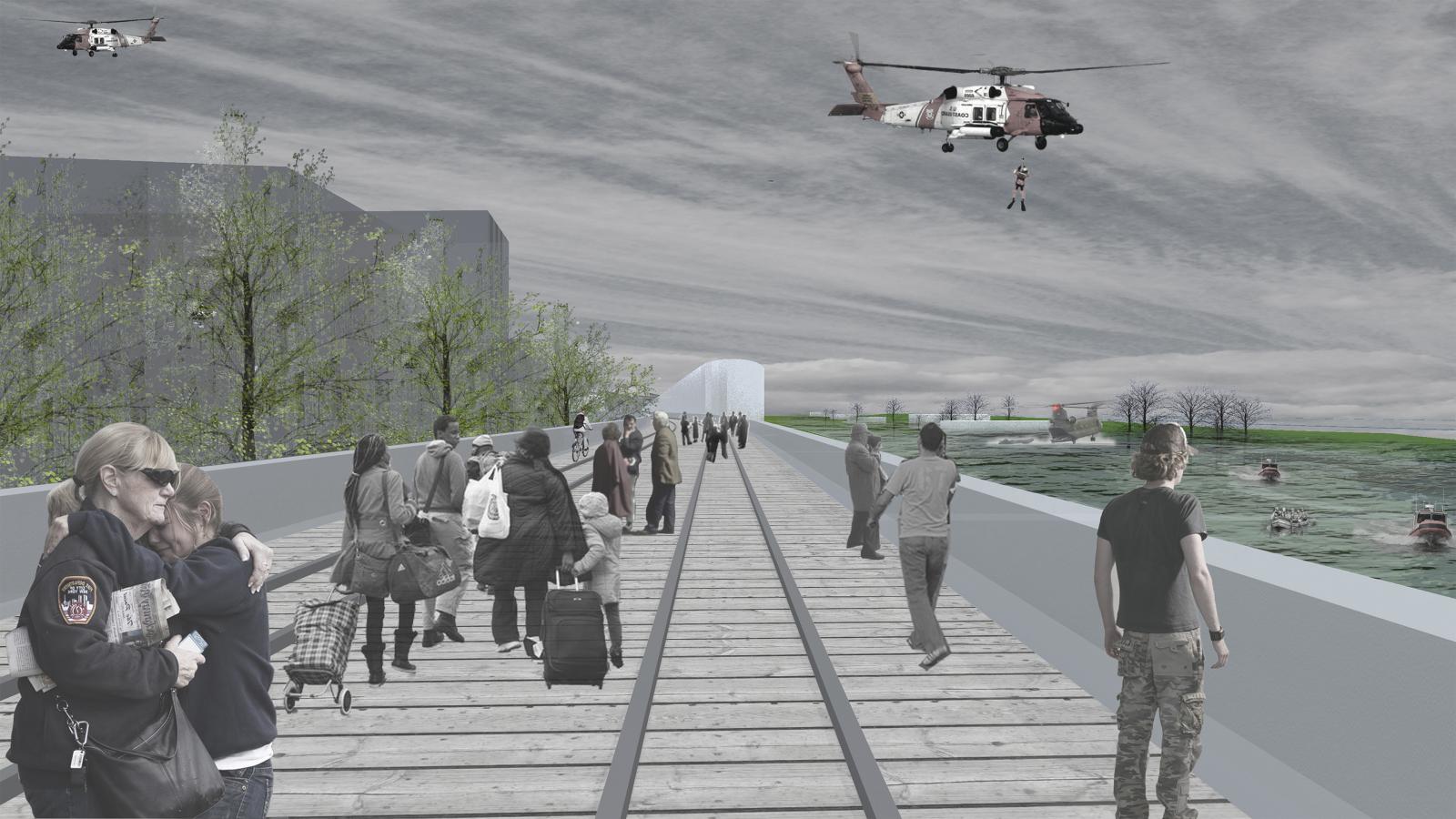 A group of people walk along a wooden railway track bridge in Far Rock. Helicopters hover in the sky and over the water, with one performing a rescue operation. Various individuals are gathered on the bridge, some with backpacks and luggage, while others are observing the scene.