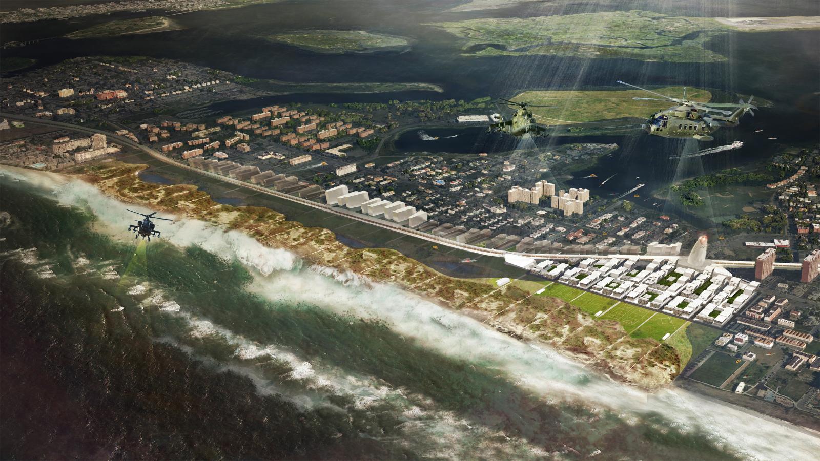 Aerial view of Far Rock's coastal urban area with helicopters flying overhead. The city has a mix of residential and commercial buildings along the shoreline, with visible waves breaking along the coast. Green spaces and waterways are interspersed throughout the city landscape.