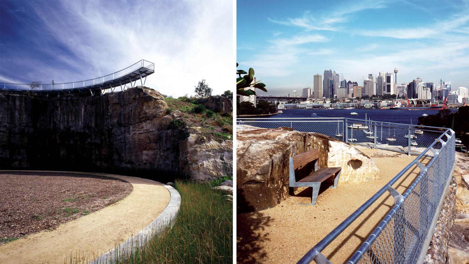 This image is split into two sections. The left side features a cliff with a suspended platform above a dirt path, located in a renovated park that was once a former BP site. The right side shows a scenic viewpoint with a bench and a view of the city's skyline across the water.