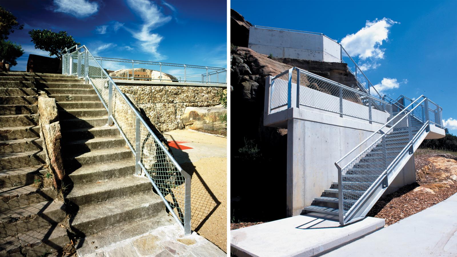 A side-by-side comparison of staircases. The left image shows a weathered, concrete staircase with a metal railing at a former BP site. The right image, set in a sunlit park, features a modern, clean staircase with a metal railing and concrete base. Both staircases lead upwards.