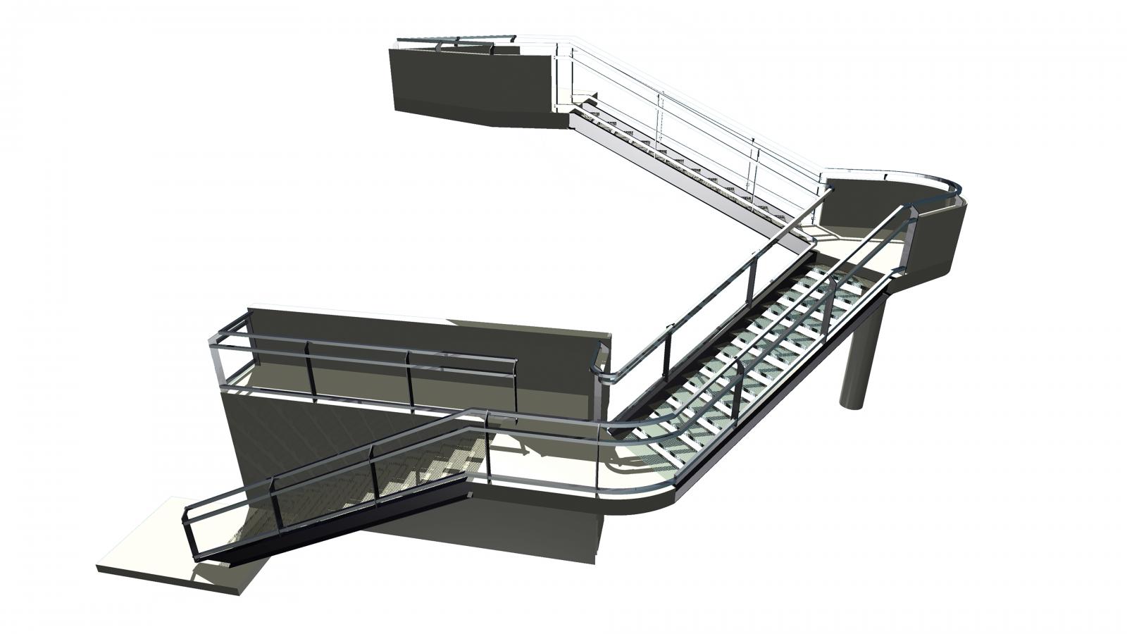 3D rendered model of a complex, multi-level staircase with black railings and white steps, reminiscent of the architectural elegance found at former site BP Site Park. The structure features switches back on itself and includes both straight and curved sections. The background is a plain white.