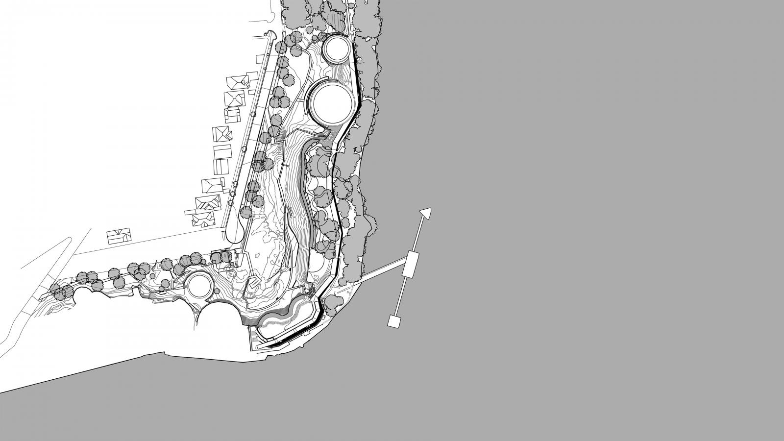 An architectural site plan for BP Site Park reveals a landscaped area with various pathways, circular structures, and clusters of trees. The design features lush vegetation and what appears to be a winding waterway or path, adjacent to a large open space and bordered by a shaded area.