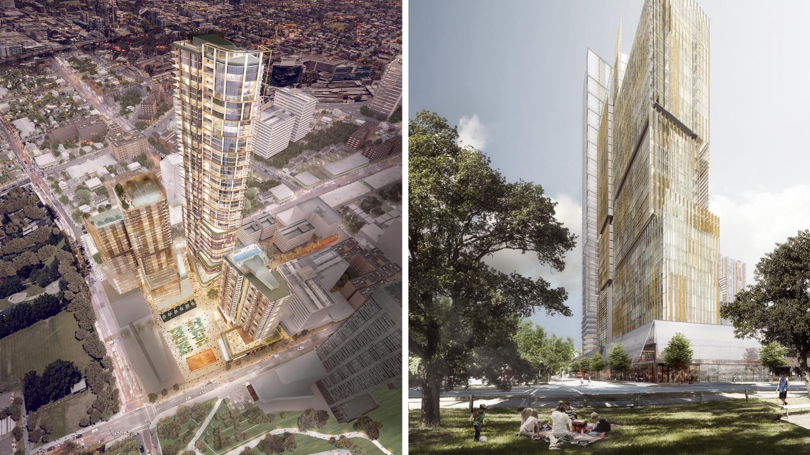 The image depicts two views of a modern skyscraper. The left side shows an aerial view with the surrounding urban landscape where the Cumberland News building once stood, while the right side offers a ground-level perspective with people relaxing on a grassy area nearby. The building features multiple tall, glass-covered sections.