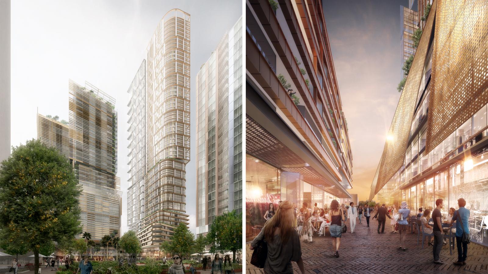 Left side: Tall, sleek, modern high-rise buildings surrounded by trees and people walking. Right side: A vibrant urban street scene at sunset with people dining outdoors under a building with a contemporary facade and greenery, once home to the former news site Cumberland News.