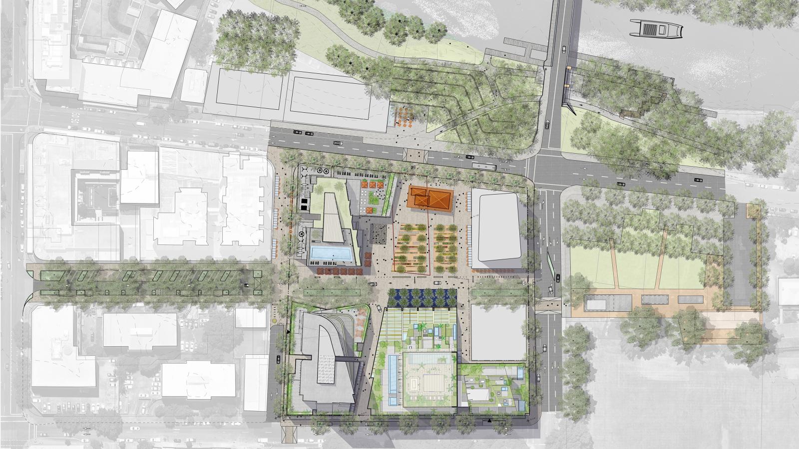 An architectural site plan, recently featured in Cumberland News, shows a detailed top-view layout of former buildings, green spaces, pathways, and surrounding roads. The area features various structures, gardens, and tree-lined streets with a balance of urban development and nature.