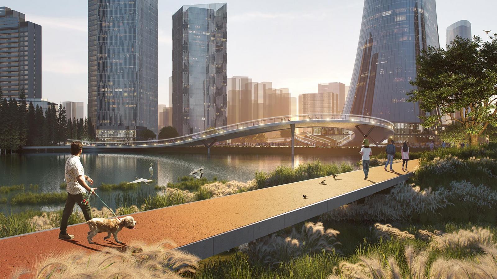 A futuristic cityscape with tall, sleek skyscrapers, interconnected by a sleek pedestrian bridge over a serene body of water. People walk and jog along a riverside path near the Foshan Arts Centre, one person seen walking a dog. Grassy areas and green trees surround the walkway.