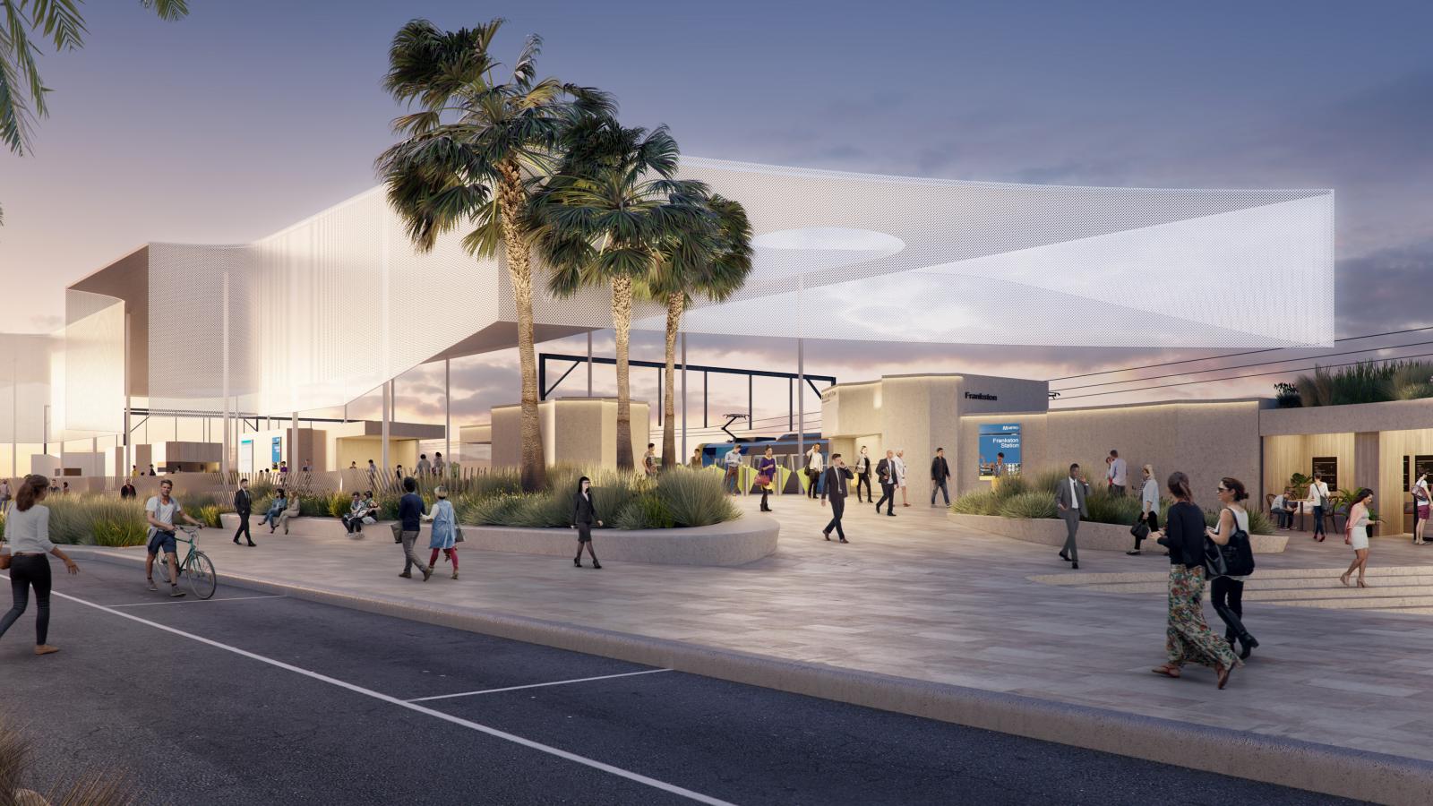 A modern outdoor public area at dusk, featuring a large white canopy with a cut-out pattern, several palm trees, and people walking and interacting. The space includes seating areas and kiosks, creating a lively and inviting atmosphere reminiscent of award-winning design competition entries like Frankston Station.