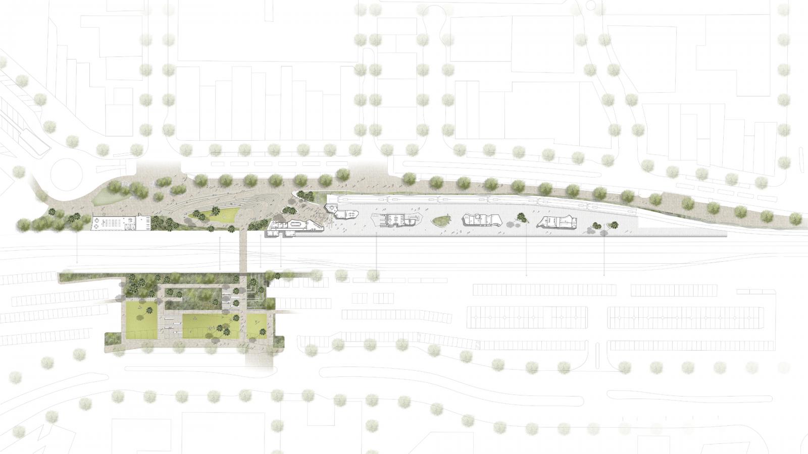 An architectural site plan illustrating a linear park with pathways, green spaces, and tree plantings adjacent to a railway line near the Frankston station. Various structures and facilities are depicted within the park boundaries. Surrounding areas include roads, buildings, and parking lots.