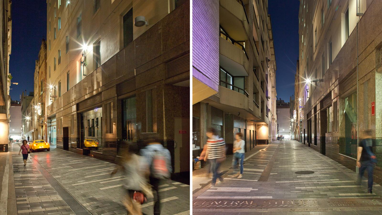 Side-by-side images of a narrow, dimly lit city alley with modern buildings on both sides. The left image shows a few people walking and a yellow car parked on George St. The right image, capturing the hustle of laneways, shows more people walking with visible motion blur under streetlights at night.