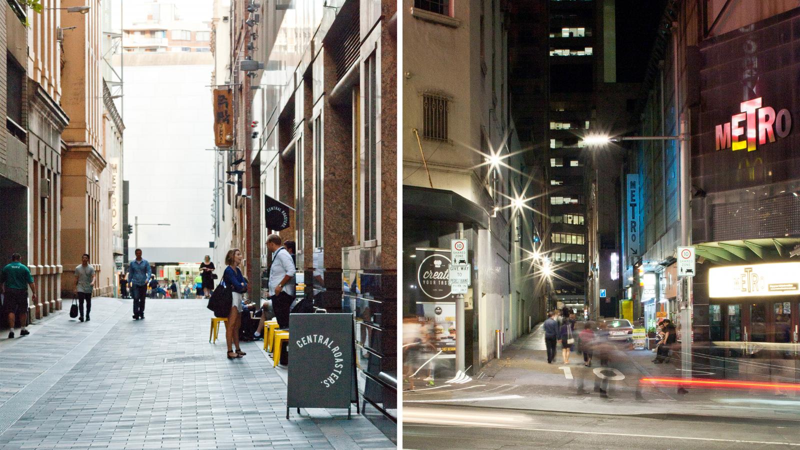 Split image. Left side: People walk and sit along a narrow, cobblestone city alley, highlighted by tall buildings and a "Central 383" sign, evoking the cozy charm of historic laneways. Right side: A busy George St at night with blurred car lights, towering buildings, neon "Metro" sign, and bustling pedestrians.