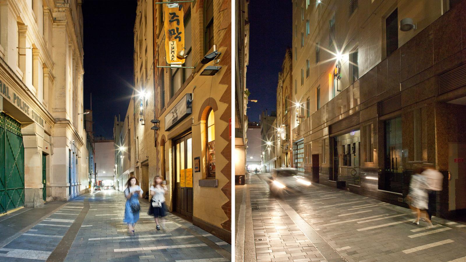 Two narrow urban alleyways at night with dim streetlights. On the left, three blurred figures walk in front of a restaurant with a yellow sign on George St. On the right, a blurred figure walks along a quieter laneway where a car's headlights illuminate the path ahead.