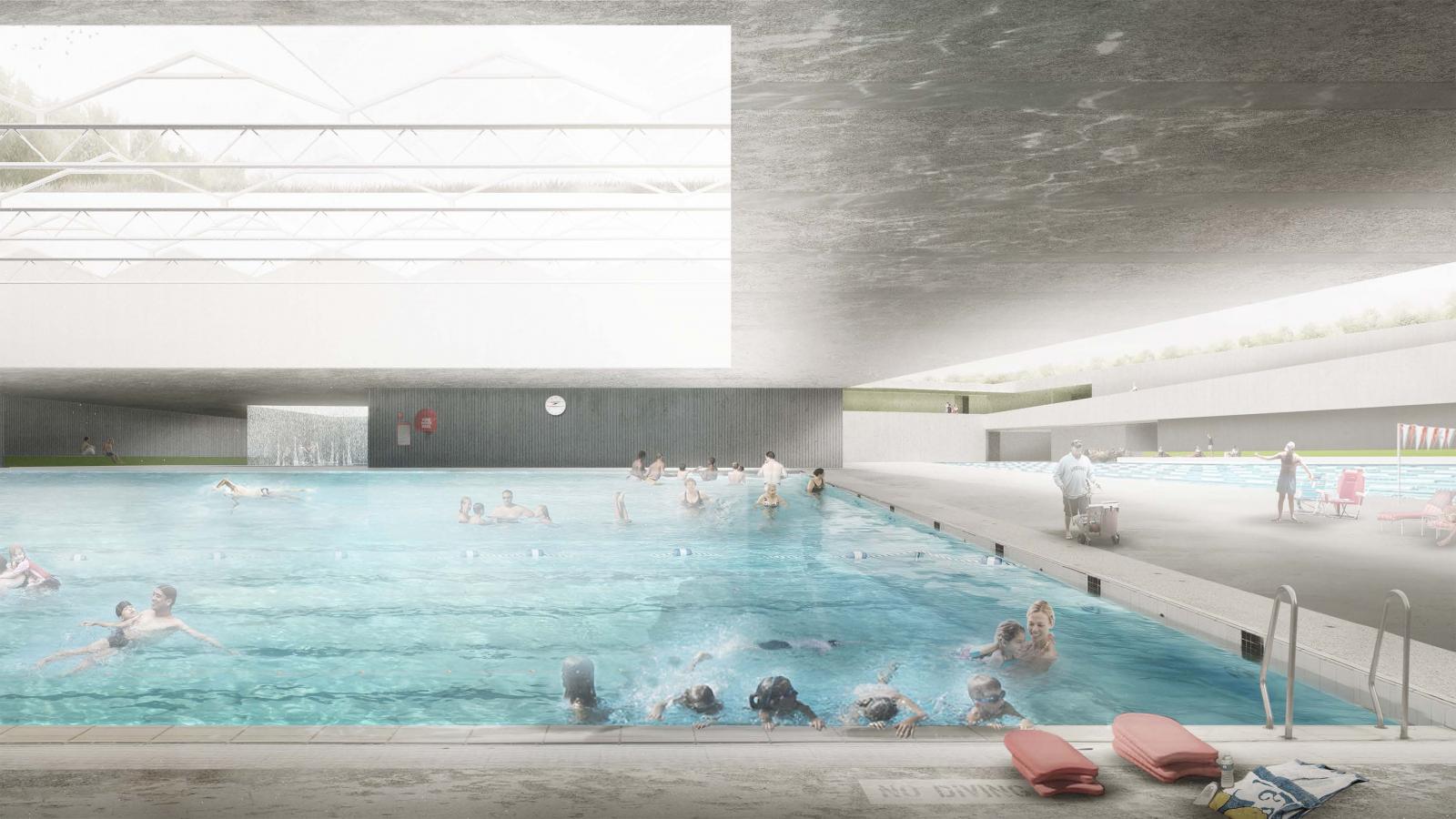 An indoor swimming pool with a skylight at the Gunyama Park Aquatic Centre features people swimming and relaxing in the water. Life preservers and flotation devices are visible on the pool deck. A second pool is visible in the background, and the environment appears bright and modern.