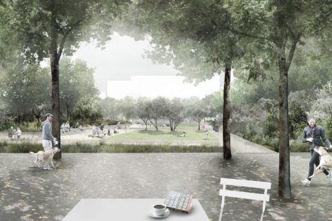 A serene scene at Gunyama Park features people walking dogs along a tree-lined path. Dappled sunlight filters through the leaves onto the trail. In the foreground, there's a white table with a coffee cup, a book, and a chair. The park, near the Aquatic Centre, is lush with greenery and open spaces.