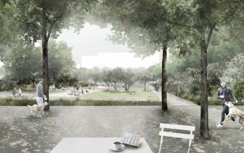 A serene scene at Gunyama Park features people walking dogs along a tree-lined path. Dappled sunlight filters through the leaves onto the trail. In the foreground, there's a white table with a coffee cup, a book, and a chair. The park, near the Aquatic Centre, is lush with greenery and open spaces.