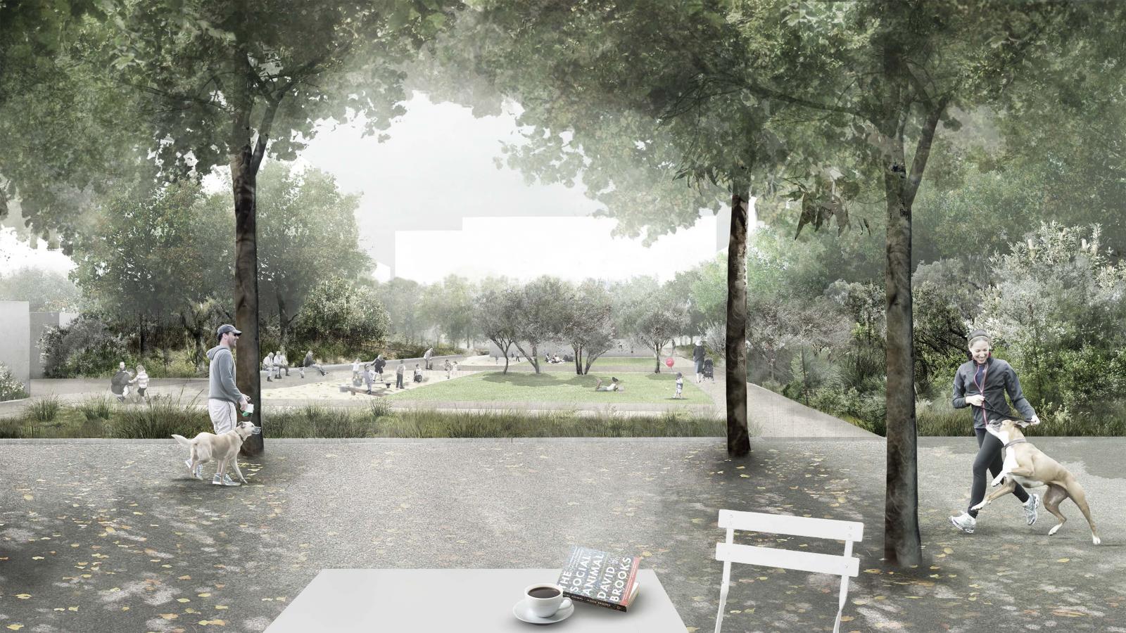 A serene scene at Gunyama Park features people walking dogs along a tree-lined path. Dappled sunlight filters through the leaves onto the trail. In the foreground, there's a white table with a coffee cup, a book, and a chair. The park, near the Aquatic Centre, is lush with greenery and open spaces.