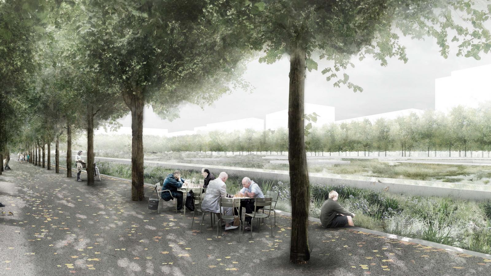 A peaceful park scene with six elderly people sitting at two tables under leafy trees in Gunyama Park, chatting and enjoying a meal. Nearby, a person sits alone on the edge of a canal, surrounded by greenery. The background features an aquatic centre and misty, tree-lined path leading to buildings.