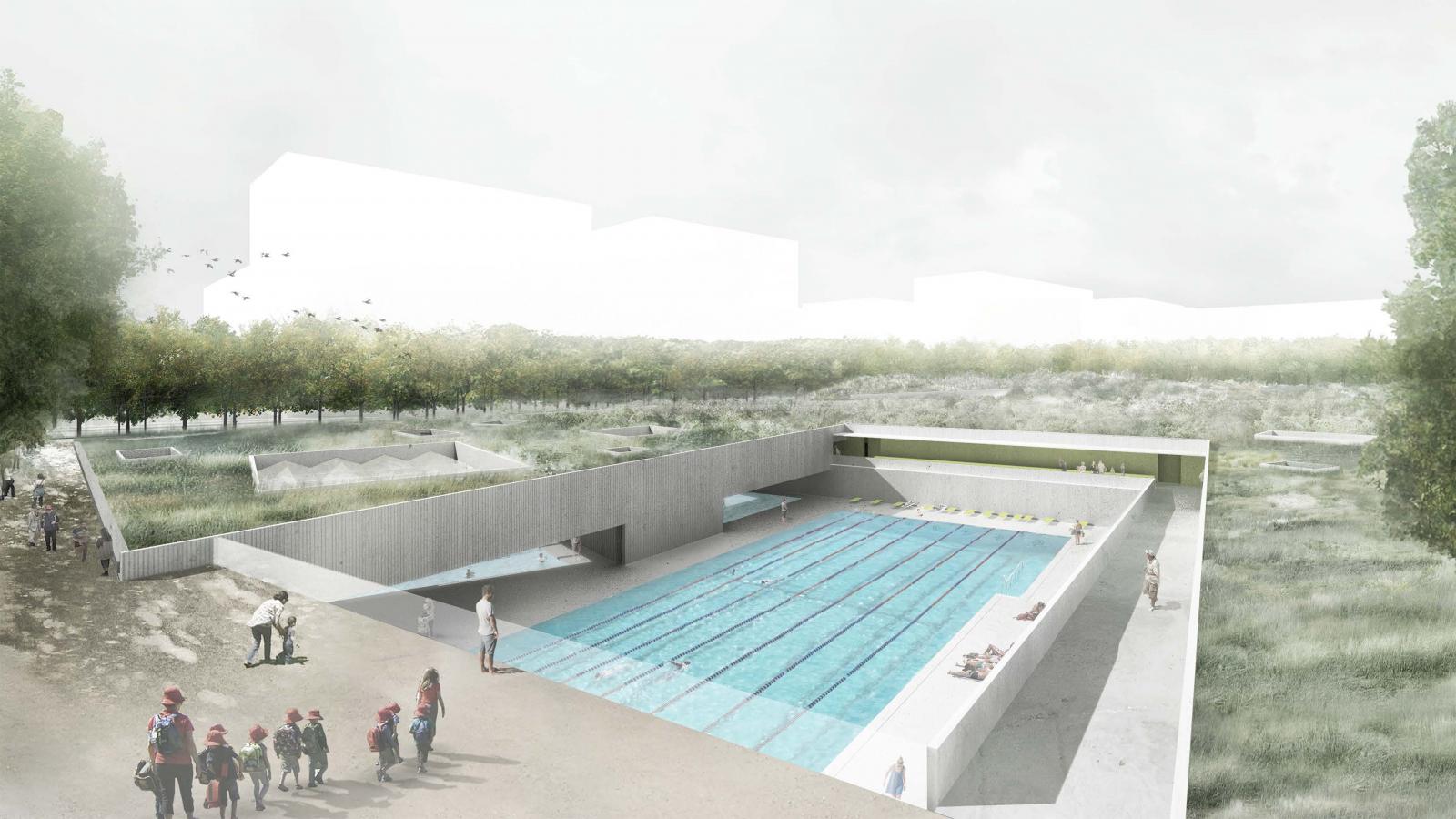 A modern outdoor lap pool situated in a minimalist setting at Gunyama Park, with people walking nearby. Features include sleek concrete walls, landscaped greenery, and sunbathing areas. The background shows a foggy urban skyline with trees lining the periphery.