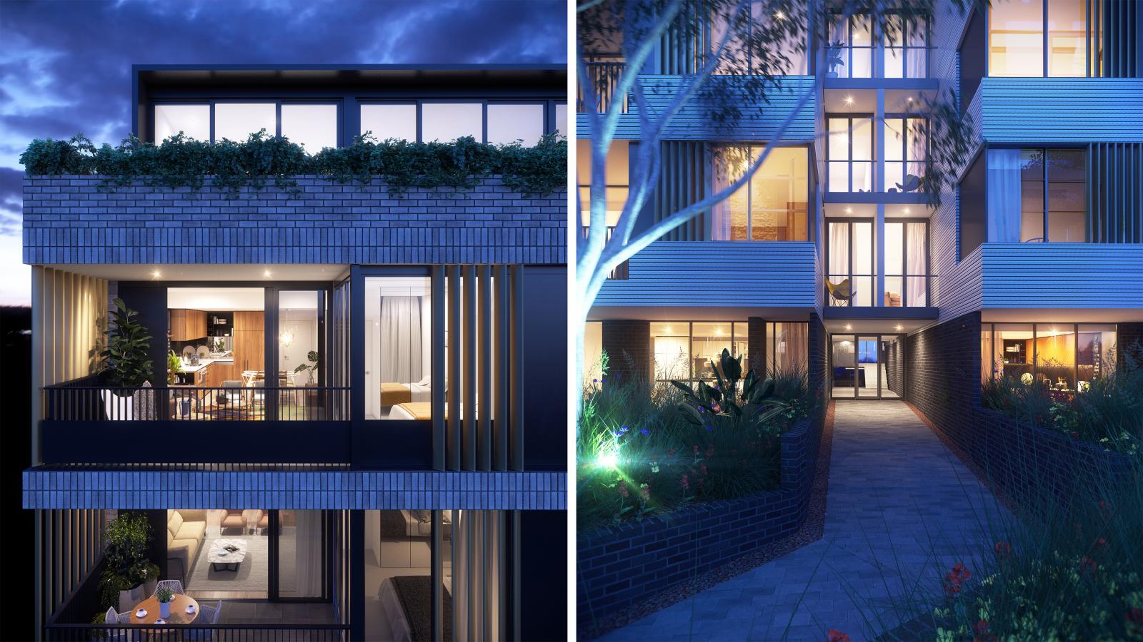 A modern, multi-story apartment building is shown from two angles. The left image highlights a well-lit balcony view with interior furnishings visible. The right image displays the entrance pathway surrounded by plants, leading to Leichhardt Green's illuminated entrance.