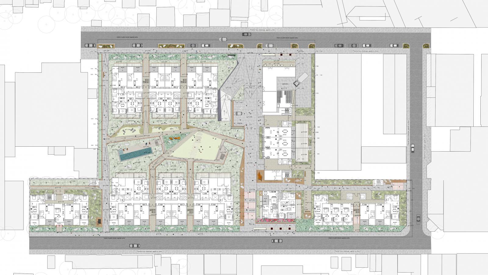 A detailed architectural site plan of Leichhardt Green showcasing buildings, green spaces, paths, a swimming pool, and various amenities. The plan includes streets, parking areas, and intricate layouts of residential and communal areas within the block.