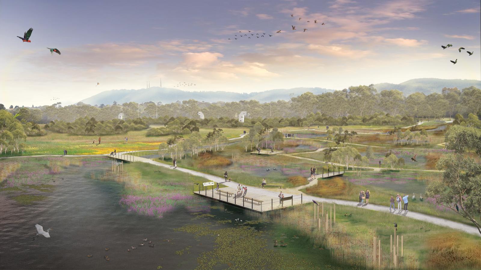 Lewis Park: A serene wetland with winding pathways, bridges, and various groups of people walking and relaxing. The area is lush with diverse vegetation, ponds, birds flying and resting, and distant mountains under a pastel-colored sky. The masterplan enhances its natural beauty for everyone to enjoy.