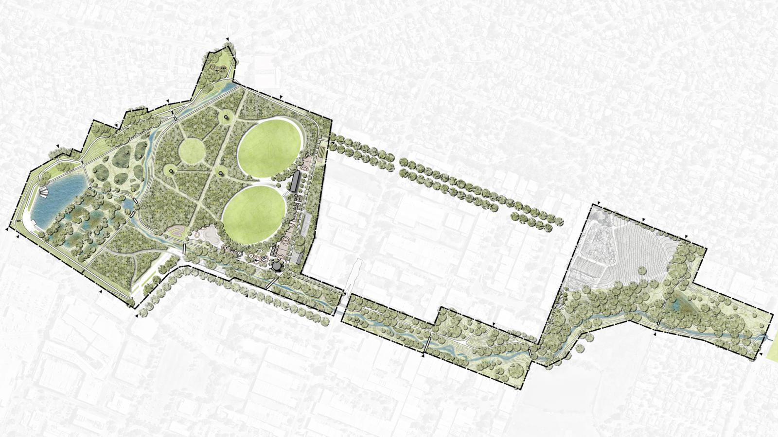 A detailed aerial masterplan of Lewis Park reveals open green lawns, circular fields, tree-lined pathways, a pond, and a winding river. Various shaded areas and densely wooded sections are interspersed throughout the park.