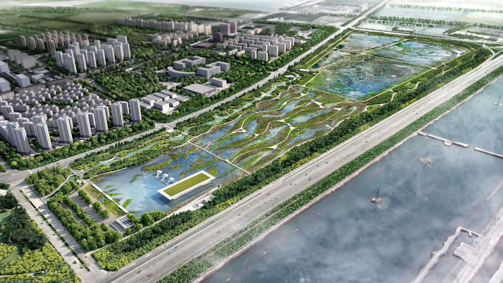 Aerial view of a large urban park beside a river in Lingang. The park features multiple ponds, green spaces, and winding pathways. High-rise buildings and residential areas are situated to the left, while a road and Bird Airport are on the right, with recreational areas in between.
