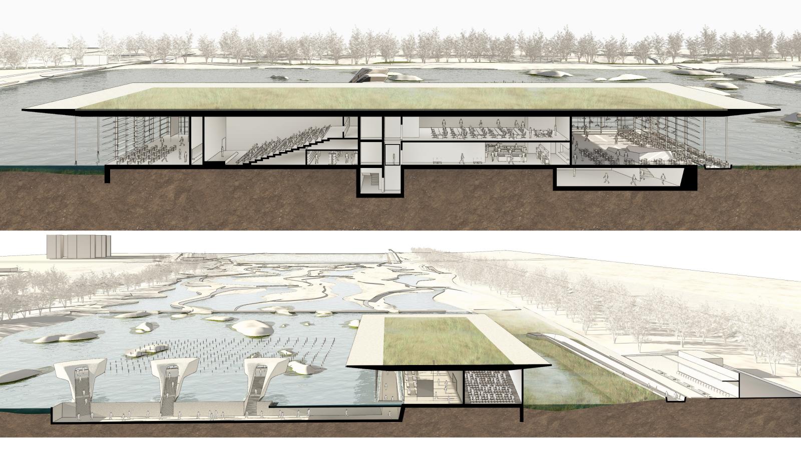 A split-view architectural rendering of a building with a flat, green roof set in a landscaped area surrounded by water at Lingang. The cross-section below shows multiple levels, including open spaces, staircases, and seating areas. Trees and pathways are visible in the background along with bird icons denoting nearby habitats.